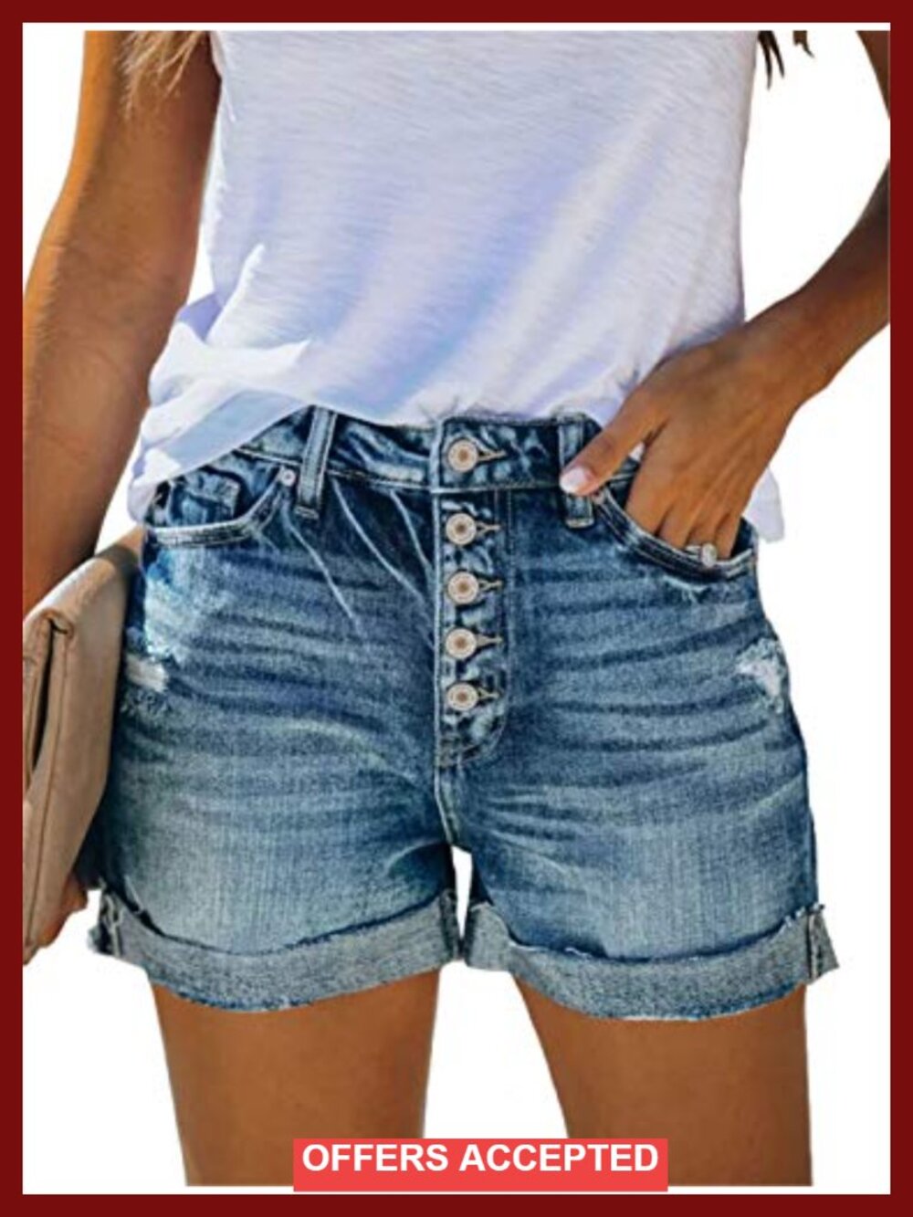 Mid Rise Ripped Denim Shorts with Folded Hem Stretchy Jean Shorts
